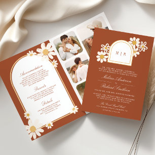 Invitation Mariage Rétro Terracotta Jaune Daisy Tout en Un