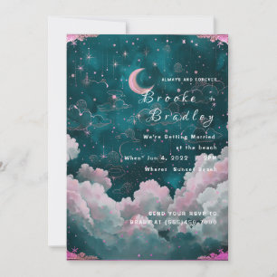 Invitation Mariage Rêveur Lune & Étoiles Turquoise