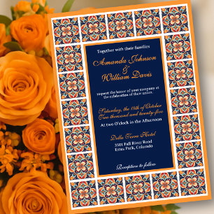 Invitation Mariage revisité sur carreaux floraux d'art popula