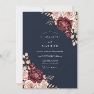 Invitation Mariage Romance d'Automne Floral Bourgogne