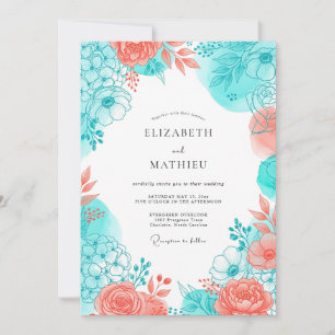 Invitation Mariage Romance Fleur de Corail Sarcelle
