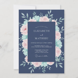 Invitation Mariage Romance Fleur de Pivoine Navy