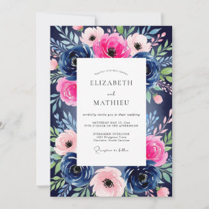 Invitation Mariage Romance Fleur Rose Navy