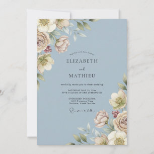 Invitation Mariage Romance Fleurie Bleu Poussiéreux