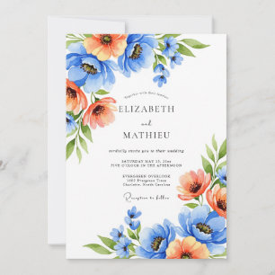 Invitation Mariage Romance Fleurie Orange Bleu