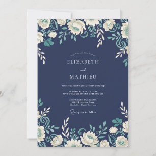 Invitation Mariage Romance Fleurs Défilantes Navy