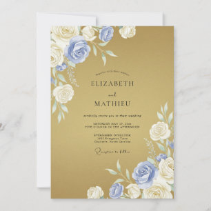 Invitation Mariage Romance Floral Crème Bleue