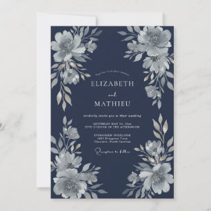 Invitation Mariage Romance Floral Éthéré Bleu Marine