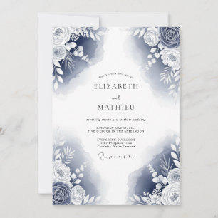 Invitation Mariage Romance Floral Painter Navy