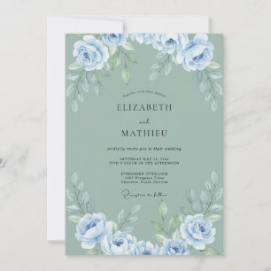 Invitation Mariage Romance Floral Sauge Bleu Poussiéreux
