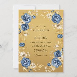Invitation Mariage Romance Florale Bleu Doré