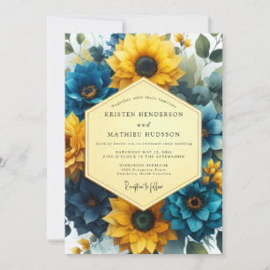 Invitation Mariage Romance Florale Bleu Doré