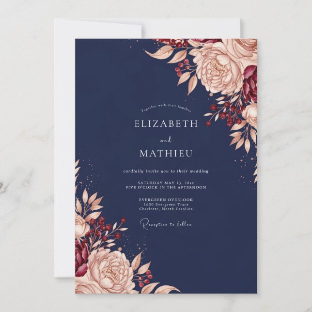Invitation Mariage Romance Florale Bleu Marine et Rose (Devant)