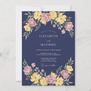 Invitation Mariage Romance Florale Bleu Navy Vivid