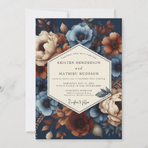 Invitation Mariage Romance Florale Bleu Nuit