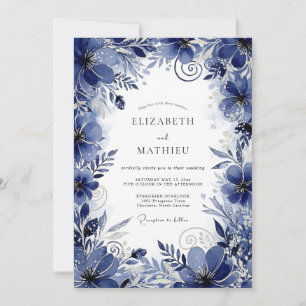 Invitation Mariage Romance Florale Bleu Profond