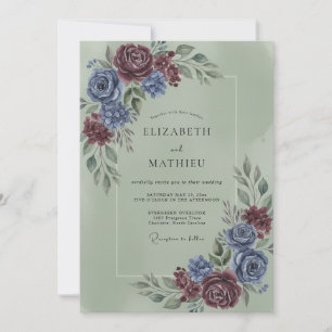 Invitation Mariage Romance Florale Bourgogne Bleu