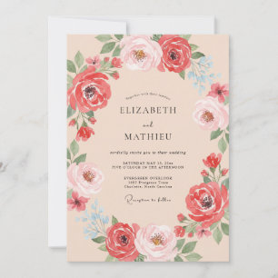 Invitation Mariage Romance Florale Corail Vivant
