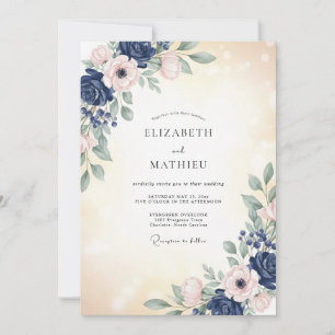 Invitation Mariage Romance Florale Délicate Navy