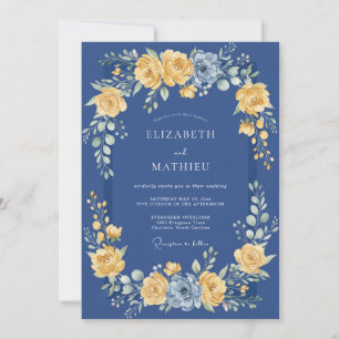 Invitation Mariage Romance Florale Dorée Navy
