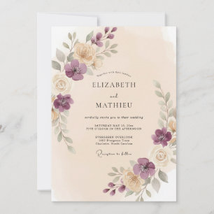 Invitation Mariage Romance Florale Douce Prune