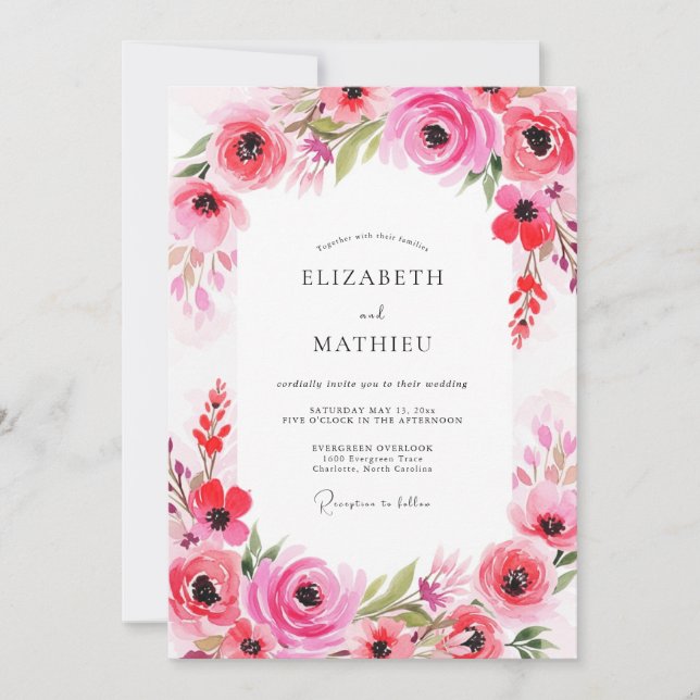 Invitation Mariage Romance Florale Fuchsia (Devant)