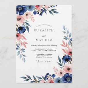 Invitation Mariage Romance Florale Navy & Blush