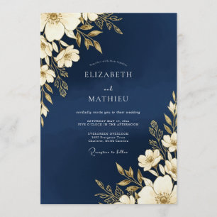 Invitation Mariage Romance Florale Or et Marine