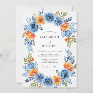 Invitation Mariage Romance Florale Orange Bleu