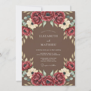 Invitation Mariage Romance Florale Riche Bourgogne