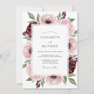 Invitation Mariage Romance Florale Rouge Bourguignon