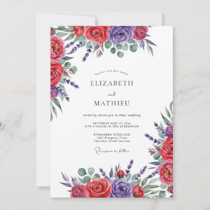 Invitation Mariage Romance Florale Rouge Violet