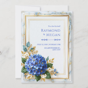 Invitation Mariage Romance Hydrangea Saphir Feuille D'or