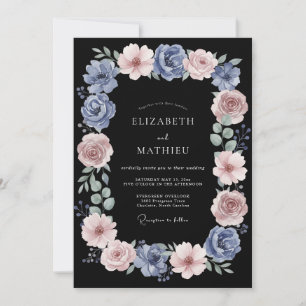 Invitation Mariage Romance Rose Bleu Poussiéreux