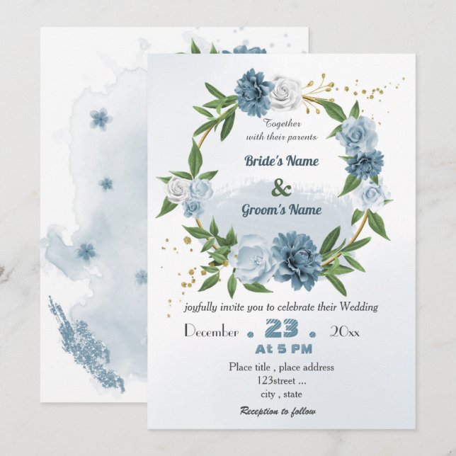 Invitation mariage romantique à fleurs bleues (Devant / Derrière)