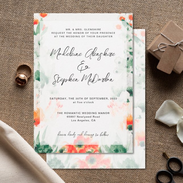 Invitation mariage romantique à fleurs fleur sauvage vert et  (Créateur téléchargé)