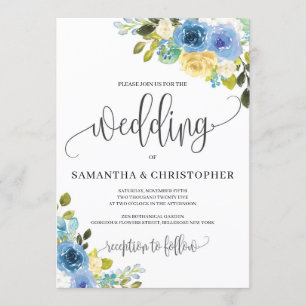 Invitation mariage romantique à fleurs jaunes bleues