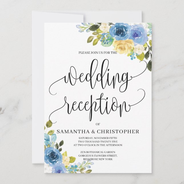Invitation mariage romantique à fleurs jaunes bleues (Devant)