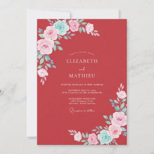 Invitation Mariage Romantique à la Fleur de Rosier Rouge