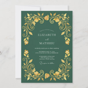 Invitation Mariage Romantique à la Fleur Émeraude Dorée