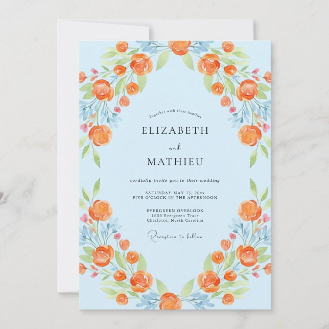 Invitation Mariage Romantique à la Pétale Orange Azur (Devant)
