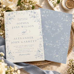 Invitation Mariage romantique à monogramme floral bleu