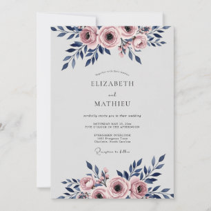 Invitation Mariage romantique aquarelle bleu marine