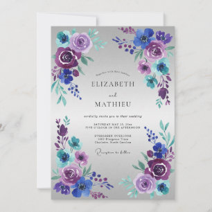 Invitation Mariage romantique aquarelle turquoise et violet