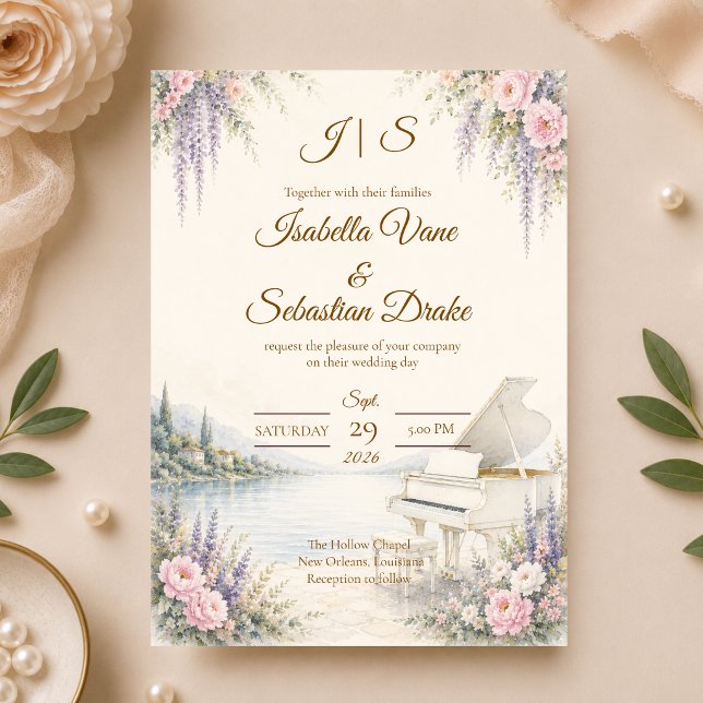 Invitation Mariage Romantique au Piano au Bord du Lac Luxueux (Créateur téléchargé)