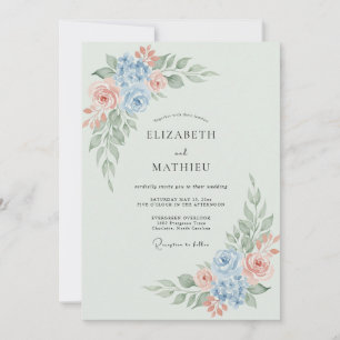 Invitation Mariage Romantique aux Fleurs Bleu Clair