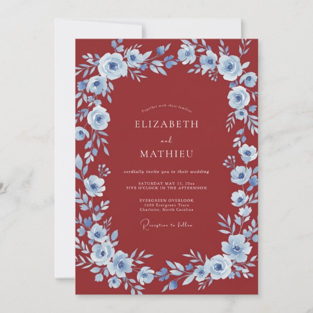 Invitation Mariage Romantique aux Fleurs Bleues et Cramoisi (Devant)