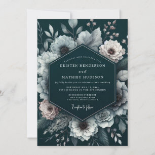 Invitation Mariage Romantique aux Fleurs de Teal Profond