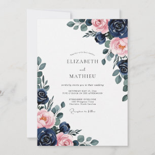 Invitation Mariage Romantique aux Fleurs Roses et Bleu Marine