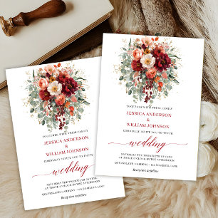 Invitation Mariage Romantique Boho Bourgogne Fleurs Automne